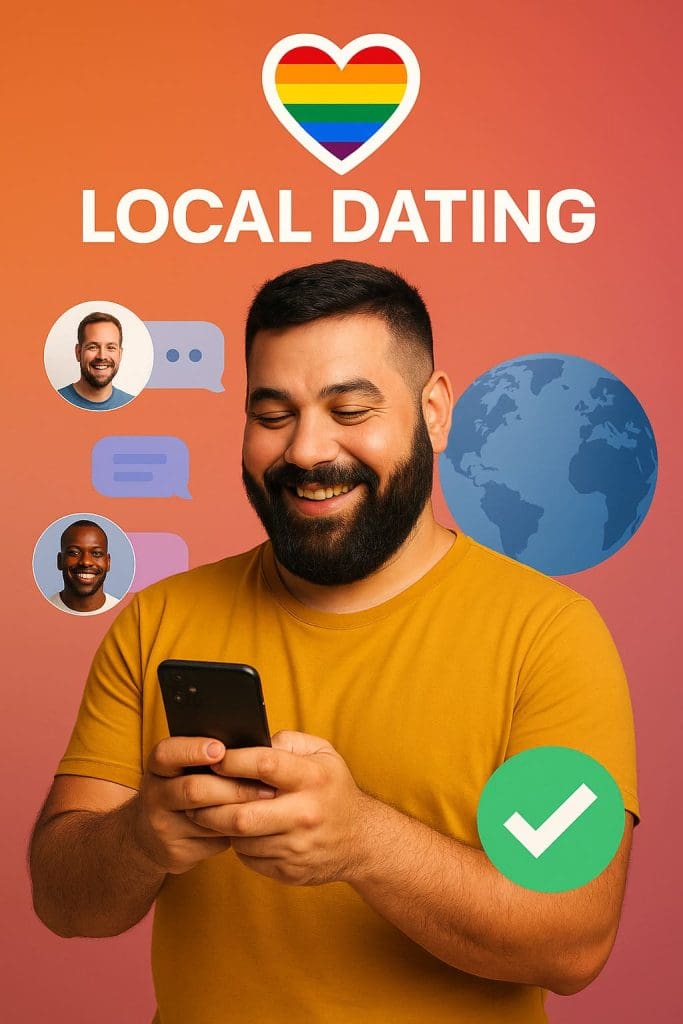 A cheerful bearded man wearing a mustard-yellow shirt smiles while using his smartphone. Above him, bold white text reads “LOCAL DATING” under a heart filled with the rainbow LGBTQ+ flag. Chat bubbles and profile pictures of two other smiling men float around him, suggesting conversations. A blue globe icon is placed in the background, and a large green checkmark in the bottom right reinforces a safe, trusted experience. The warm gradient background creates an inviting and inclusive vibe, emphasizing genuine connections within the gay dating community.